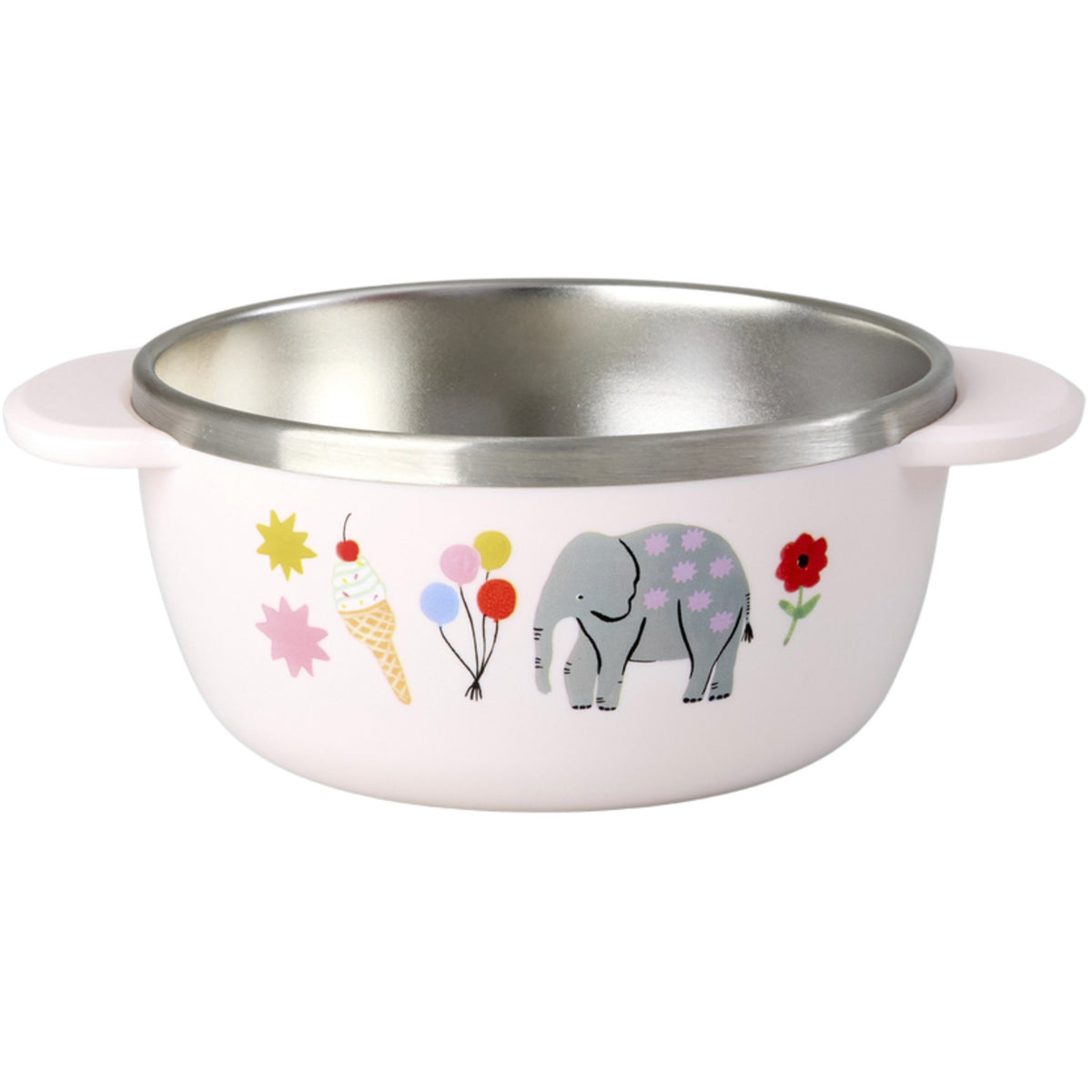Rice Rustfrit Stål Baby Skål Med Fixed Betræk - Pink Fun Fair Print - 300 Ml