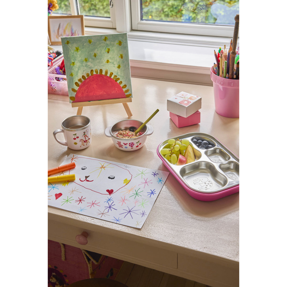 Rice Rustfrit Stål Baby Skål Med Fixed Betræk - Pink Fun Fair Print - 300 Ml