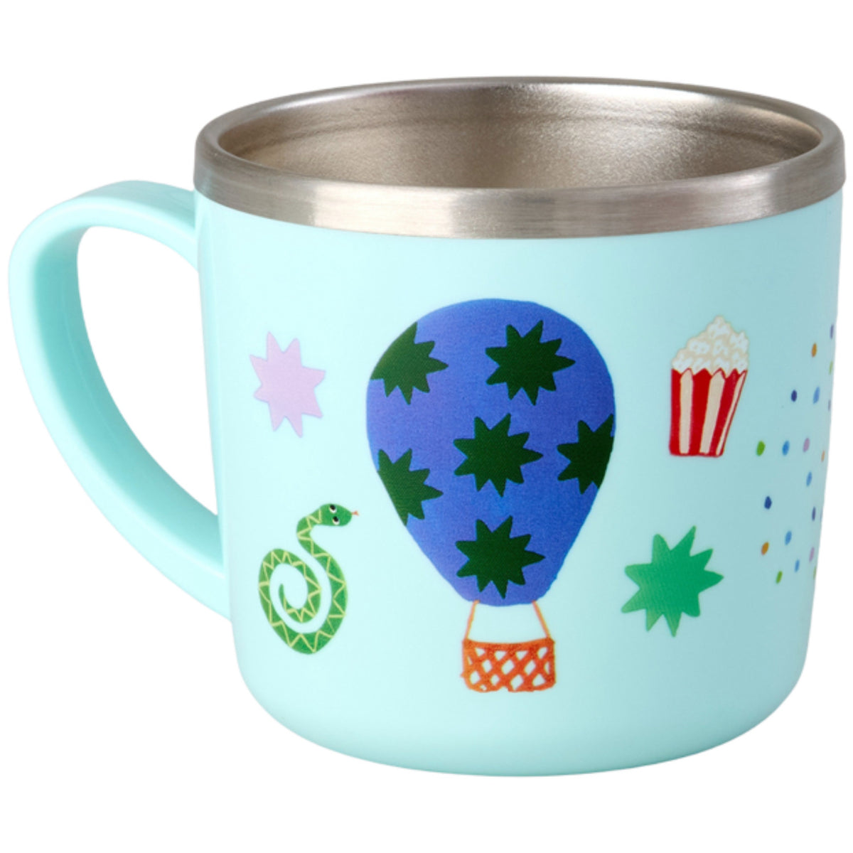 Rice Rustfrit Stål Baby Kop Med Handle And Fixed Betræk - Mint Fun Fair Print - 260 Ml