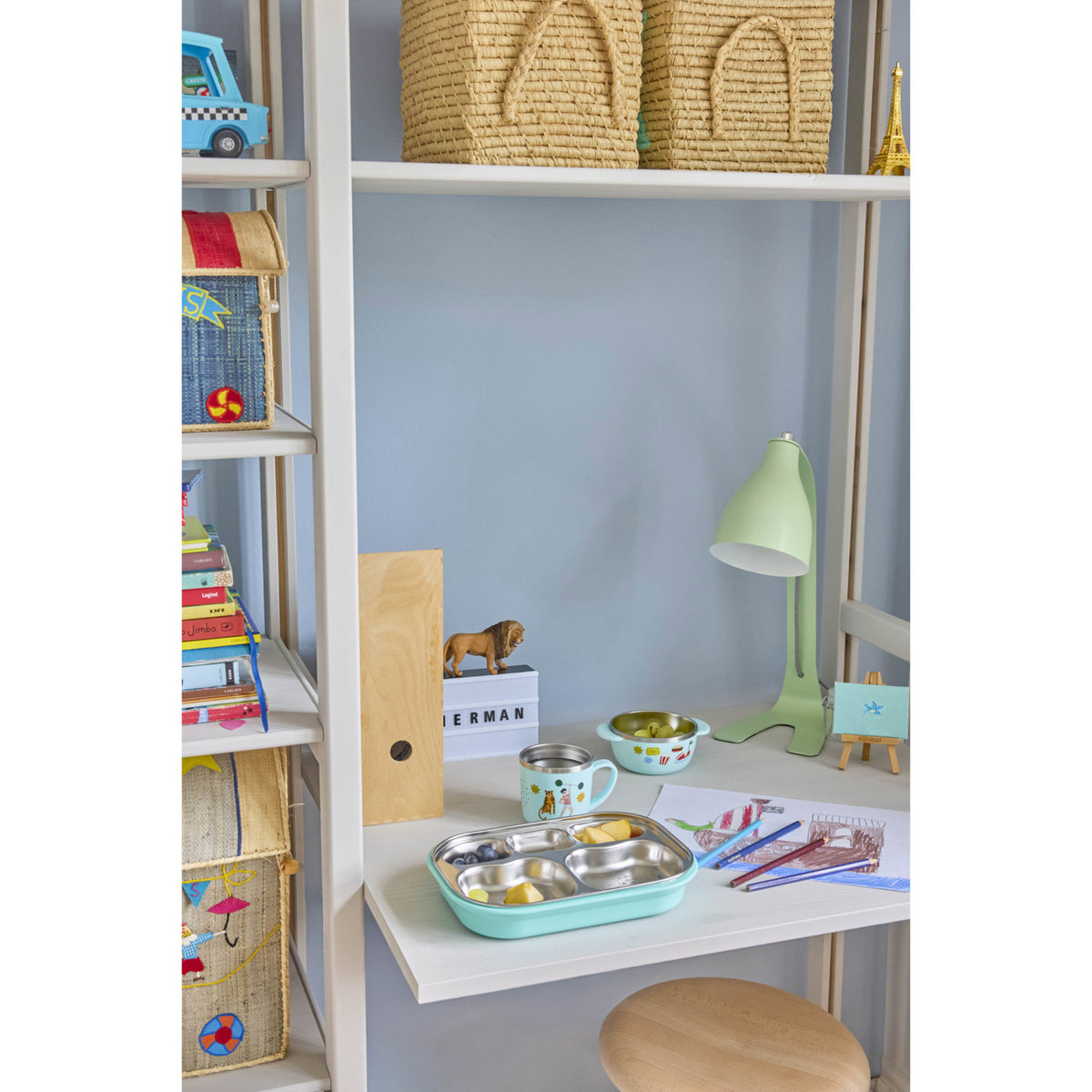 Rice Rustfrit Stål Baby Kop Med Handle And Fixed Betræk - Mint Fun Fair Print - 260 Ml