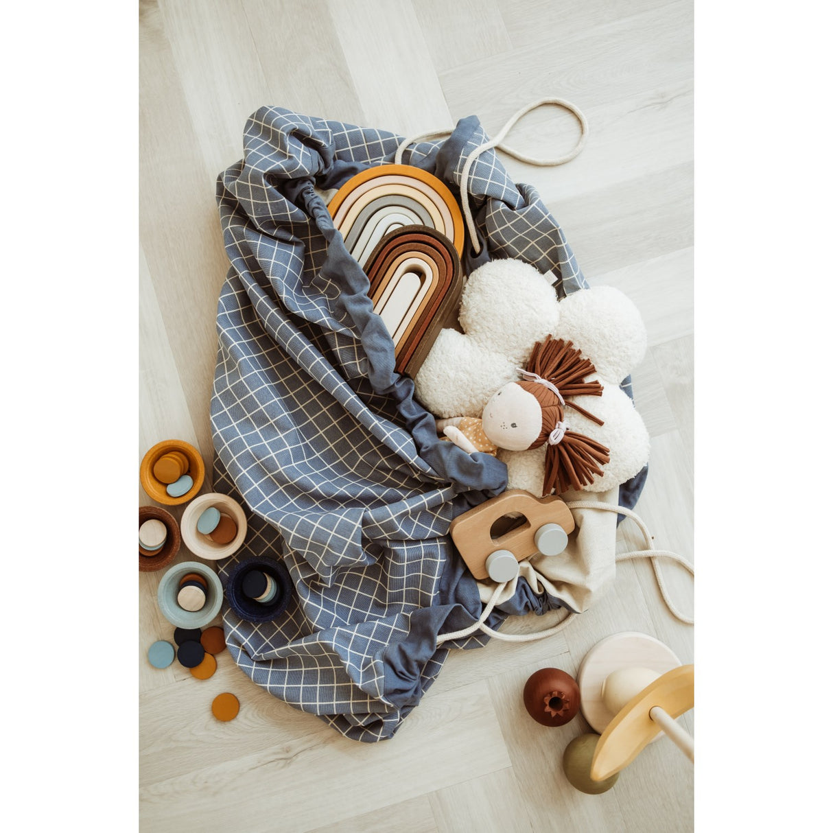 Play&Go Organic Grid Blue 2-in-1 Legetæppe