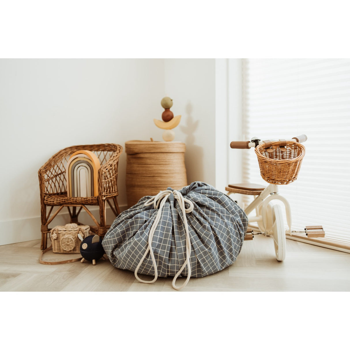 Play&Go Organic Grid Blue 2-in-1 Legetæppe