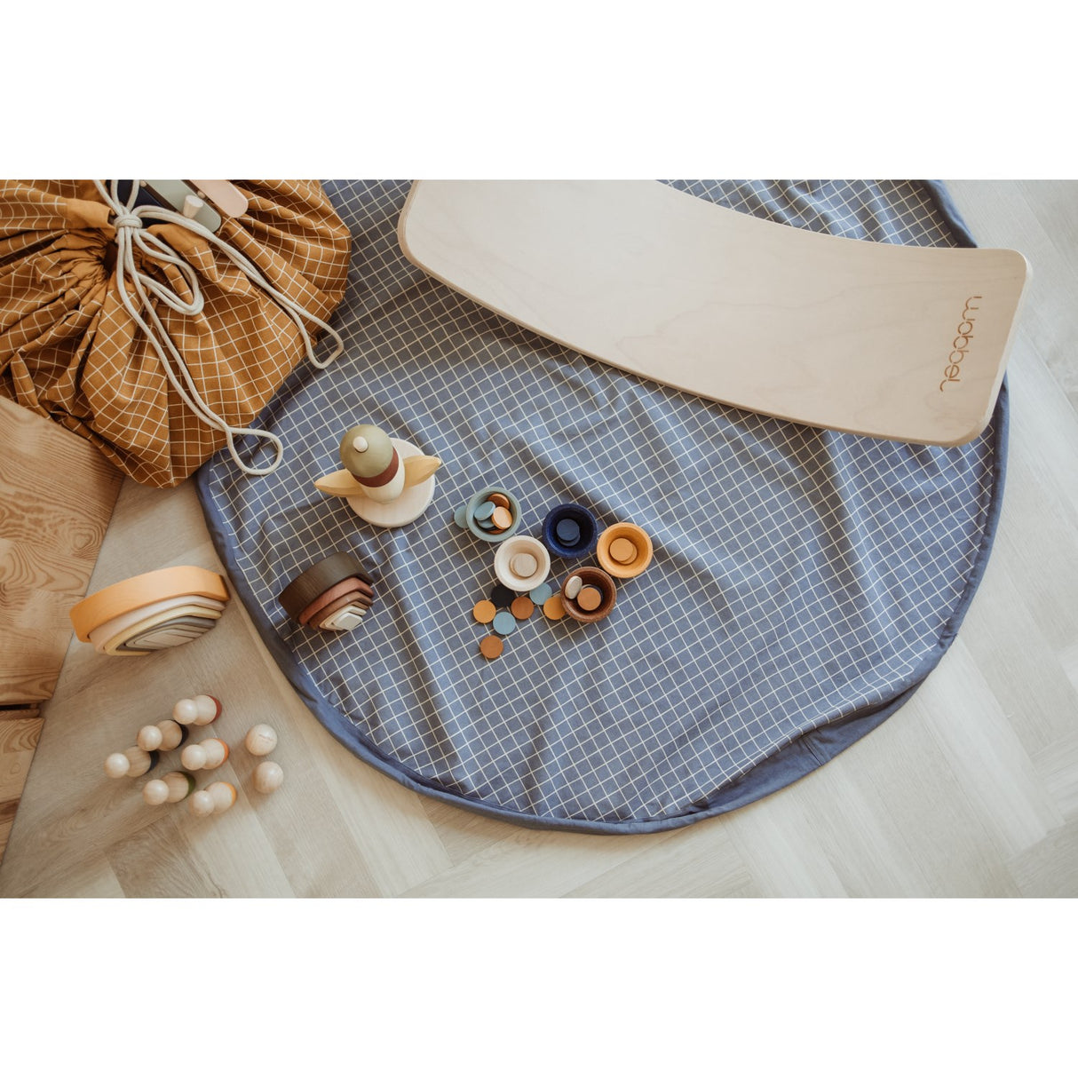 Play&Go Organic Grid Blue 2-in-1 Legetæppe