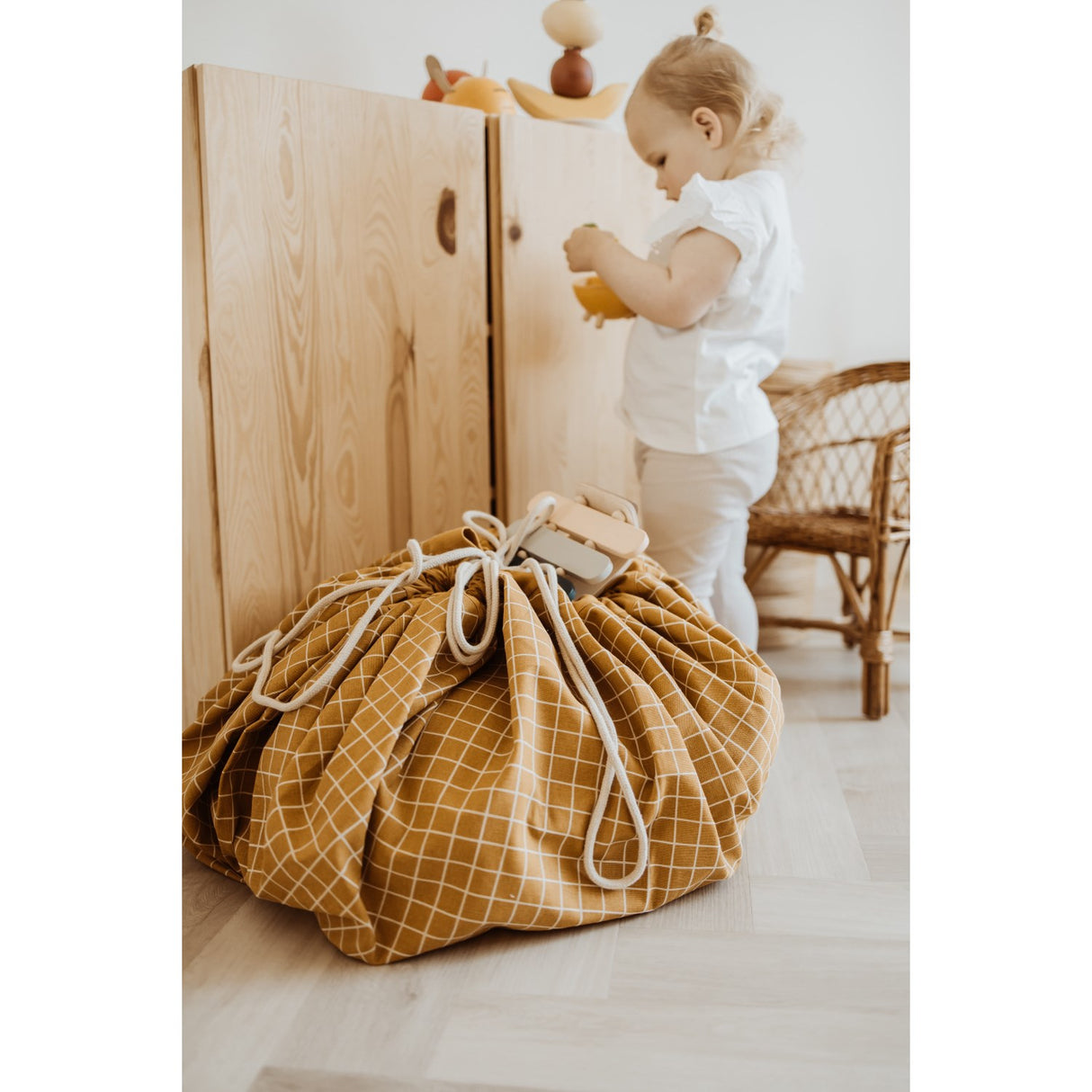 Play&Go Organic Grid Mustard 2-in-1 Legetæppe