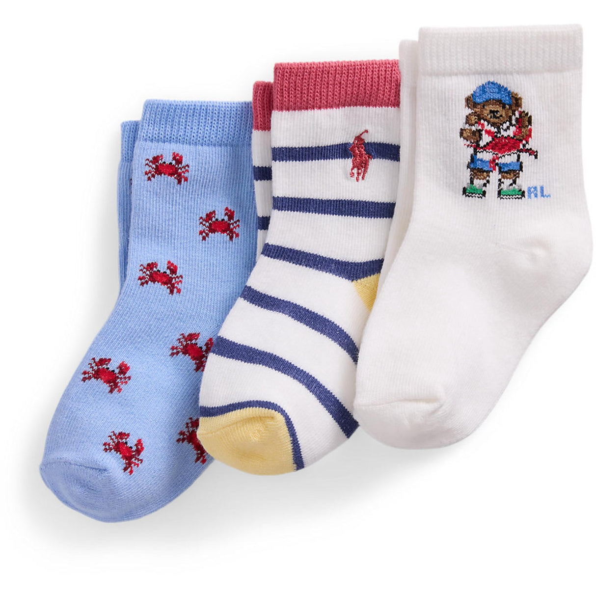 Ralph Lauren Baby White, White Multi, Blue Crew Strømpe 3-Pak