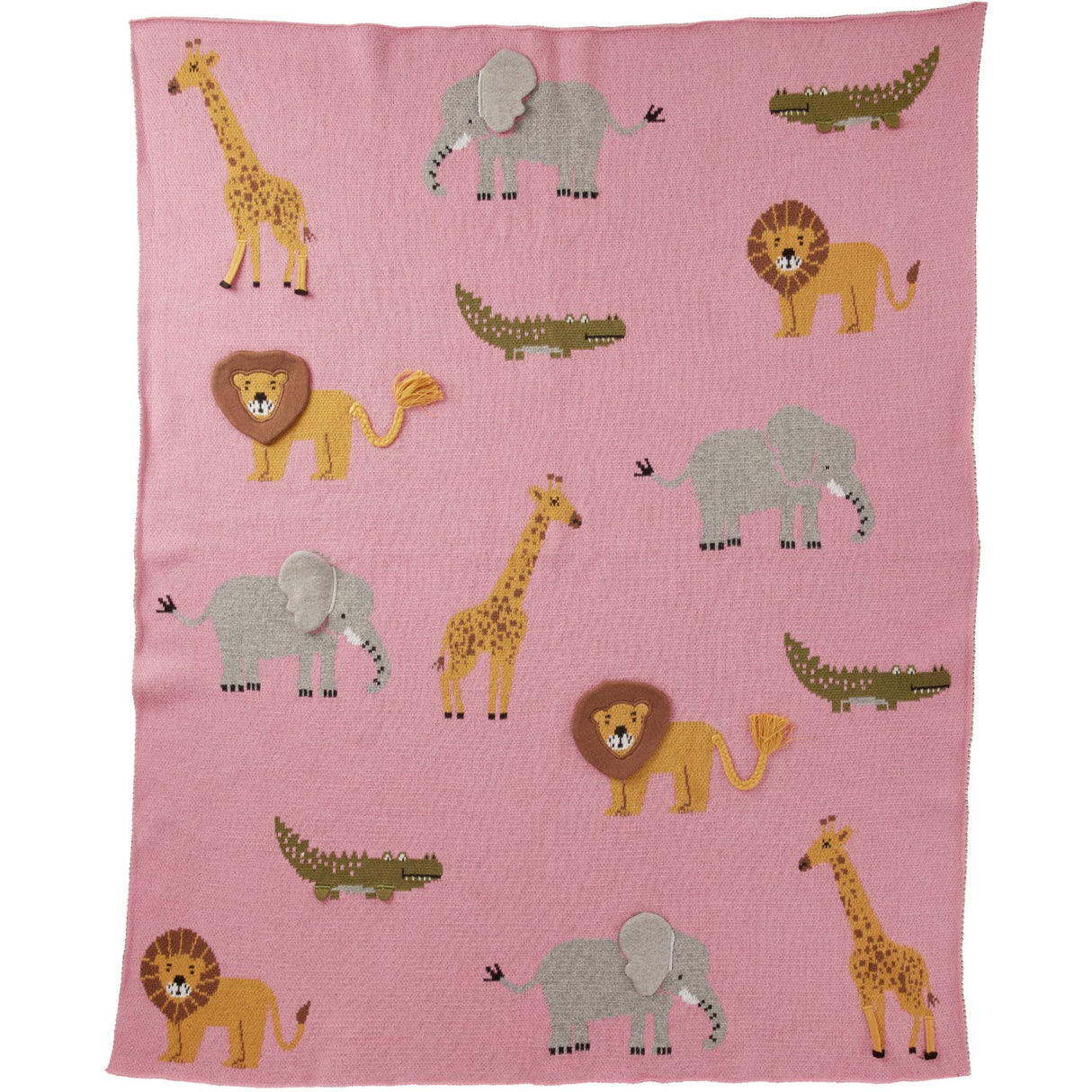 Rice Strikket Baby Tæppe I Pink Med Animals Og 3D Details - Pink