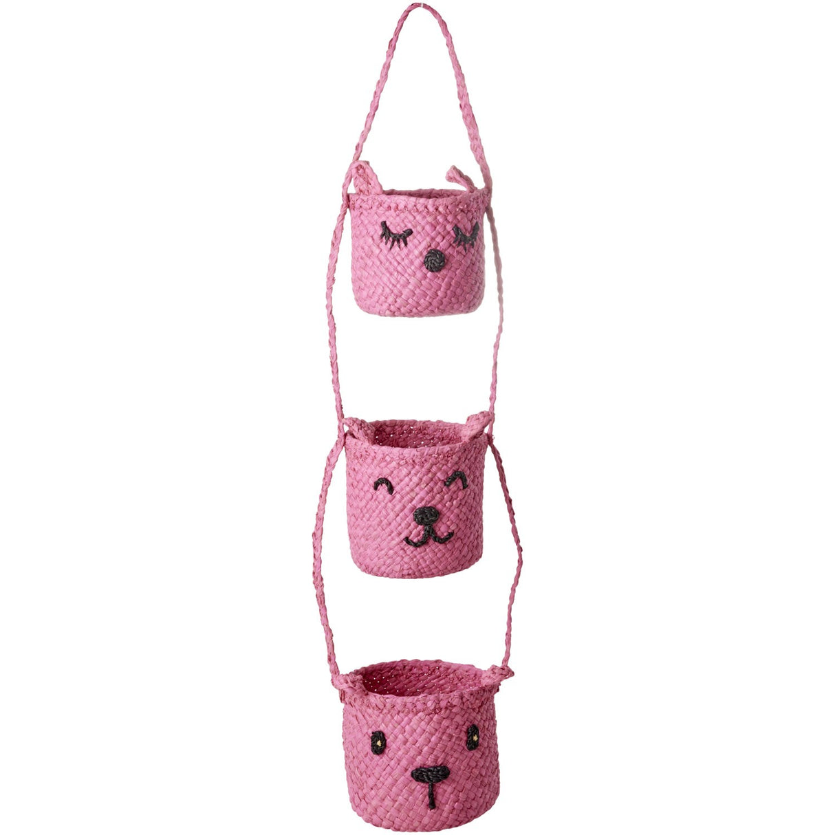 Rice Raffia 3-Tier Hanging Opbevaring Med Animal Faces I Pink