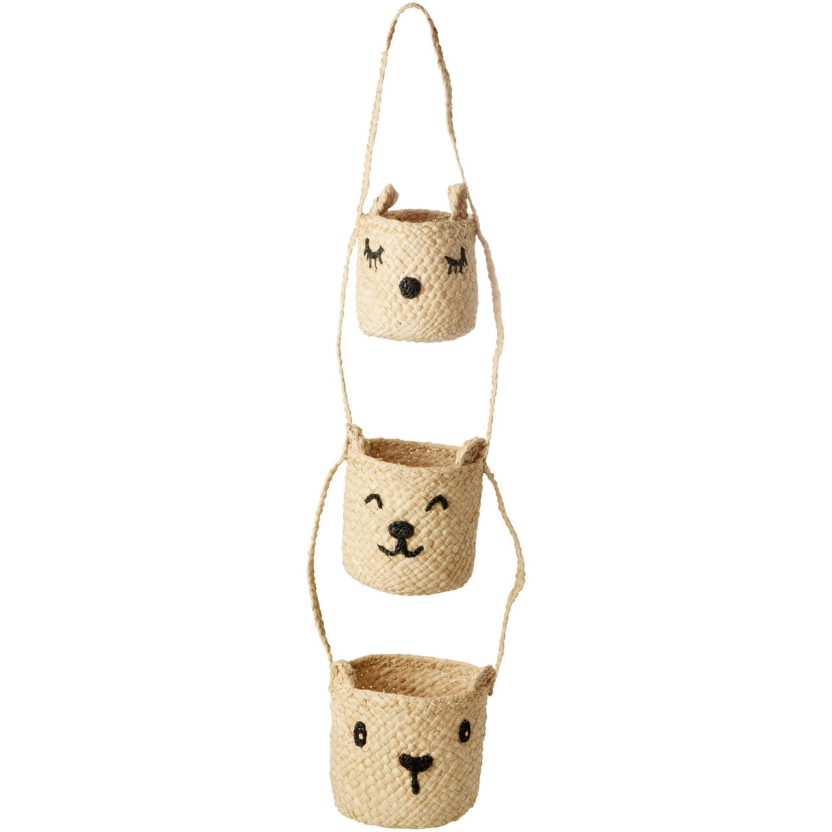 Rice Raffia 3-Tier Hanging Opbevaring Med Animal Faces I Natural