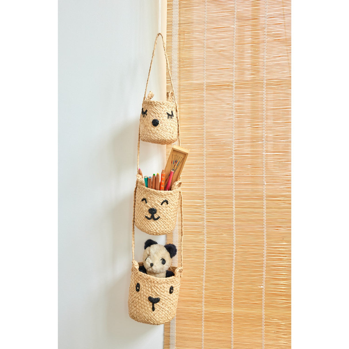 Rice Raffia 3-Tier Hanging Opbevaring Med Animal Faces I Natural