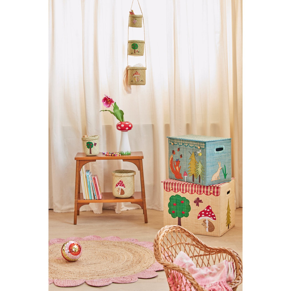 Rice Raffia Opbevaring Box Med Happy Forest Theme - Large - Foldable