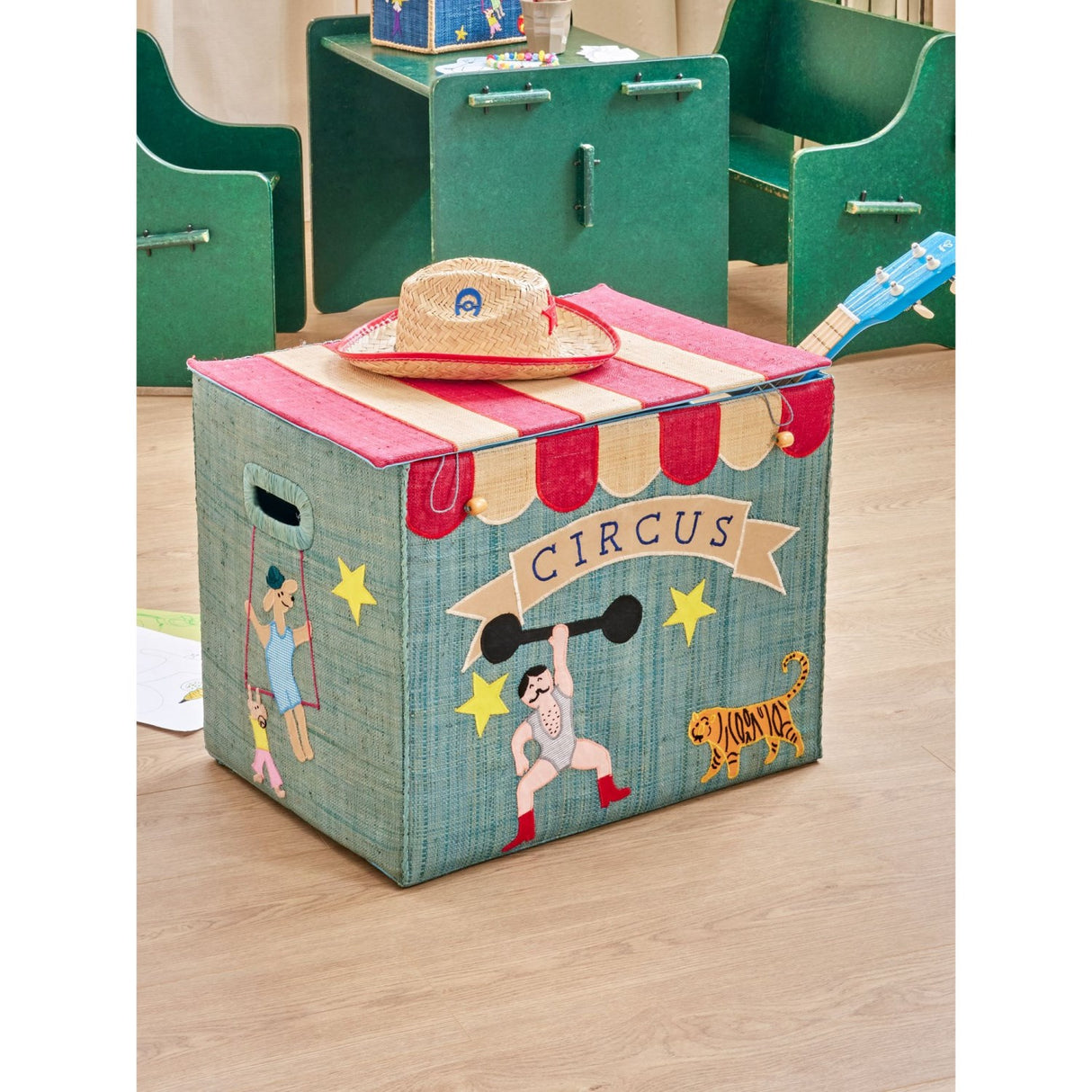 Rice Raffia Opbevaring Box Med Circus Theme - Extra Large - Foldable
