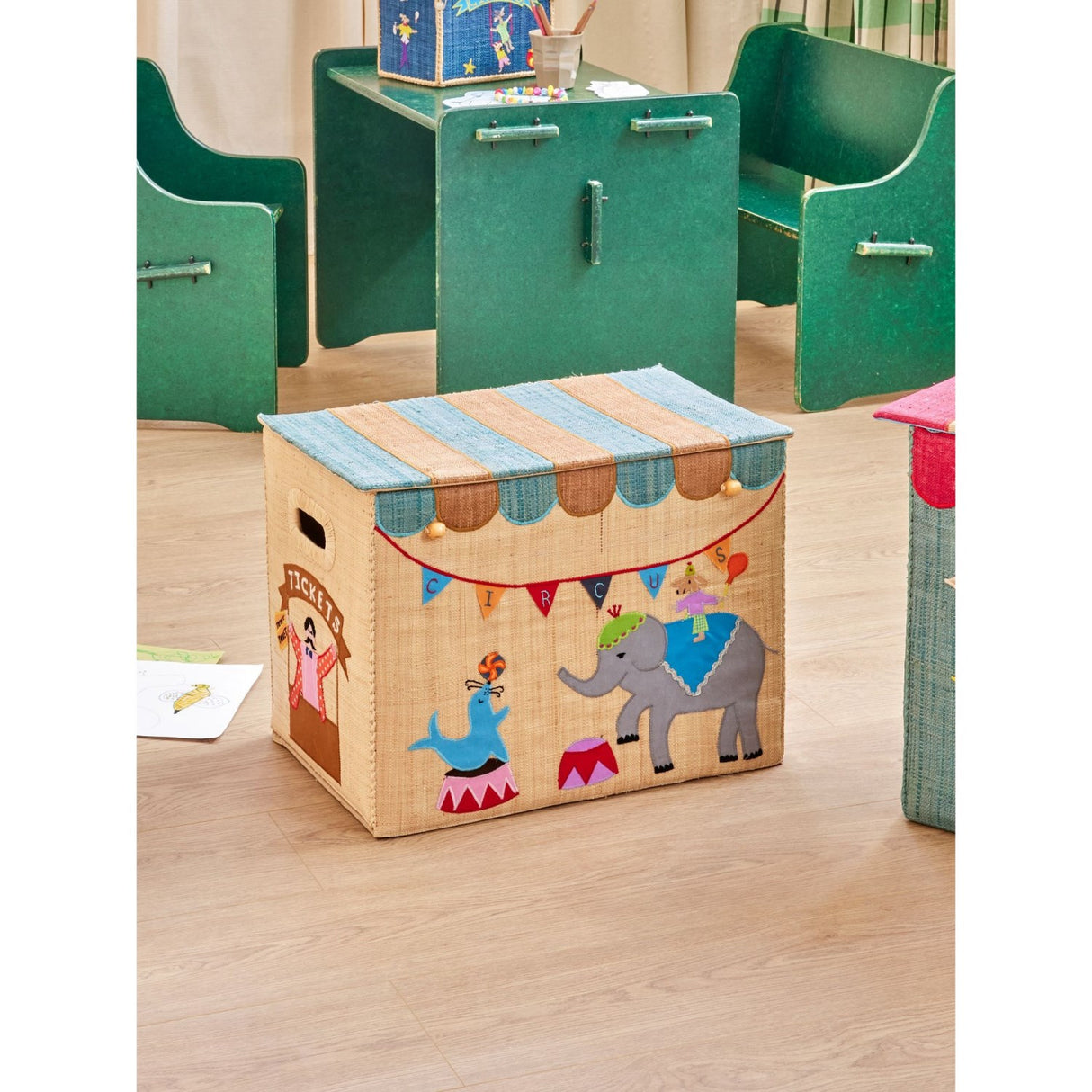 Rice Raffia Opbevaring Box Med Circus Theme - Large - Foldable