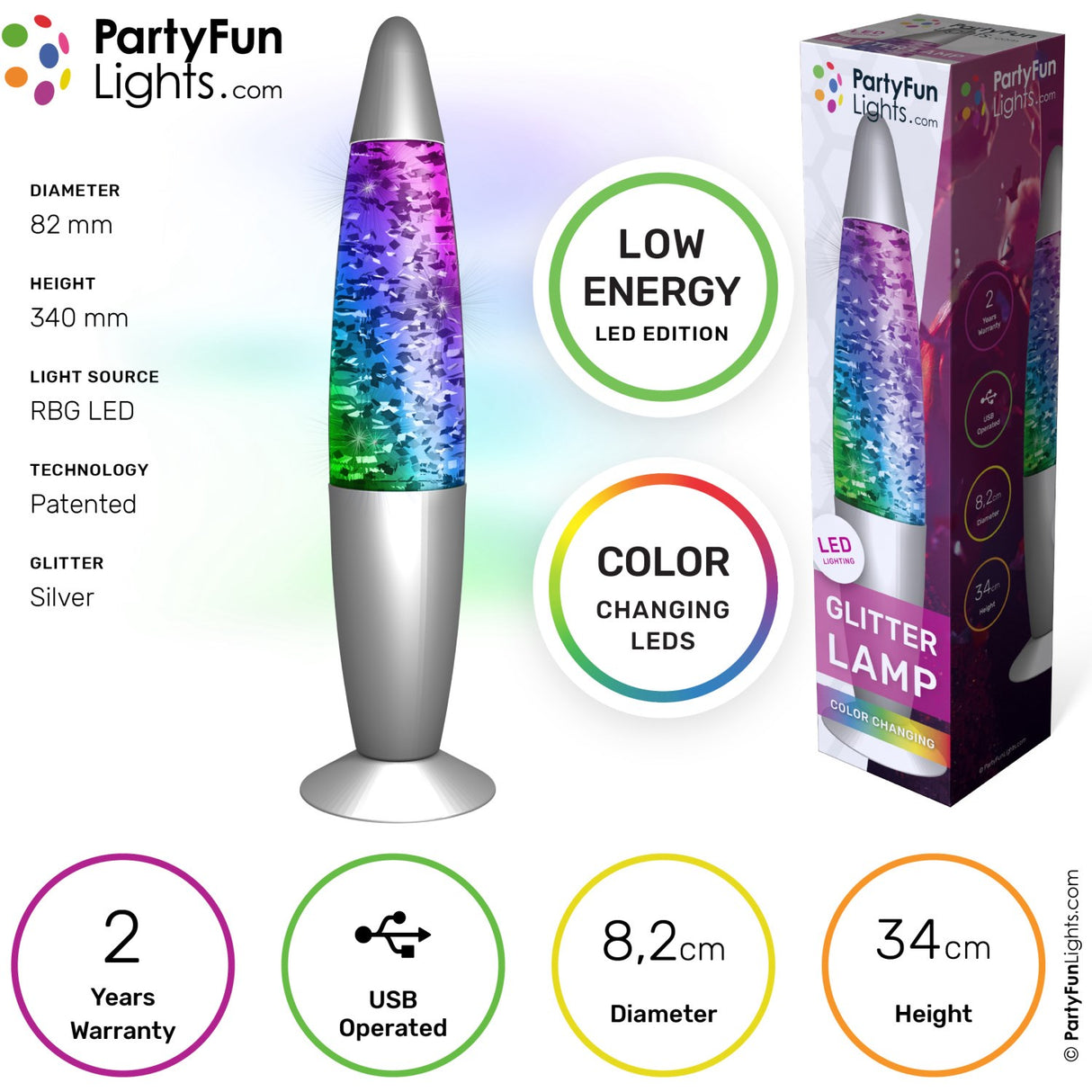 Party Funlight Glitter Lampe - Multifarvet H: 34cm