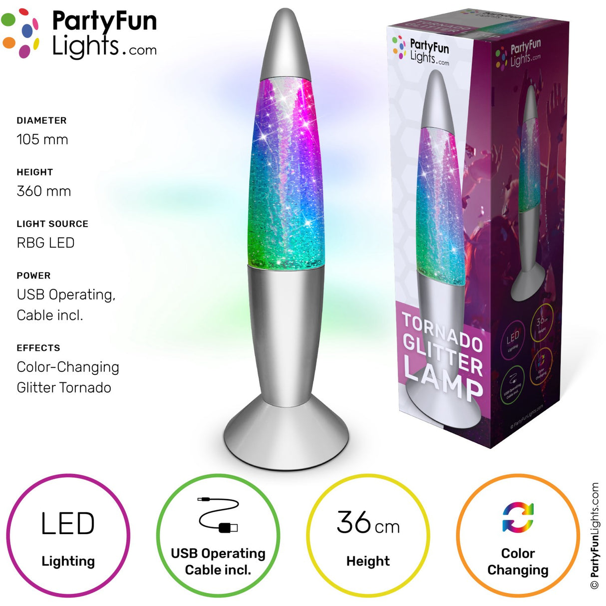 Party Funlight Tornado Glitter Lampe - Multifarvet H: 36cm