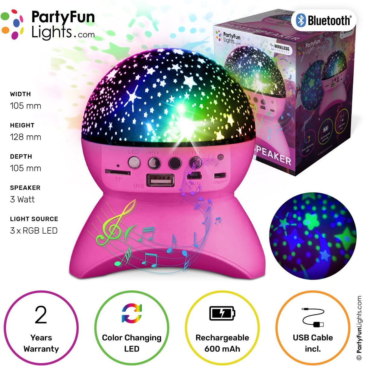 Party Funlight Stjernehimmel Bluetooth Højttaler - Pink