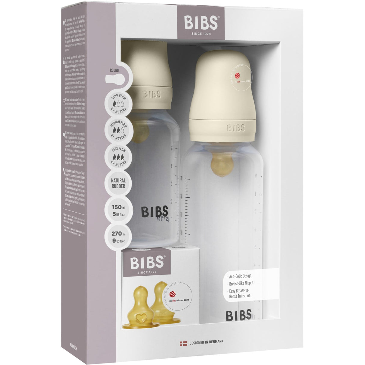 Bibs Ivory Grow og Flow Baby Flaske Round Latex Sæt 150 ml / 270 ml