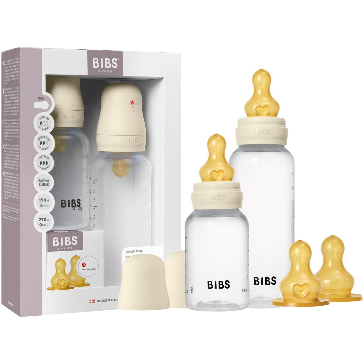 Bibs Ivory Grow og Flow Baby Flaske Round Latex Sæt 150 ml / 270 ml