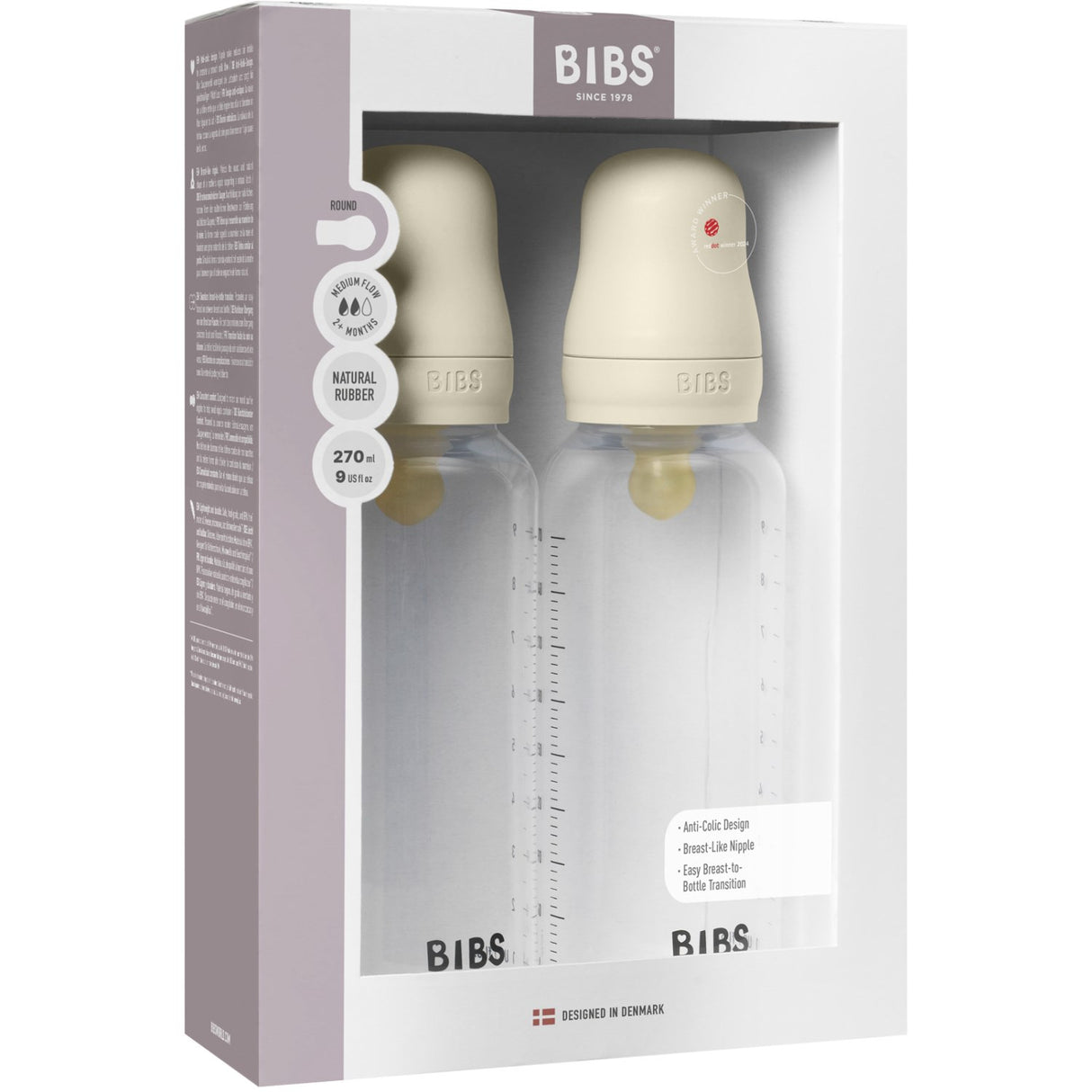 Bibs Ivory Baby Flaske Round Latex 2 Pack 270 ml Medium Flow