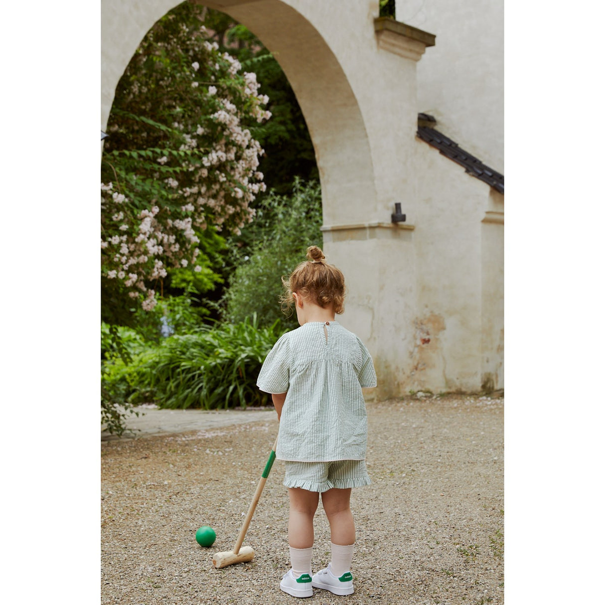 COPENHAGEN COLORS Green W Cream Stripe W. Dusty Rose Seersucker Bluse W. Contrast Edge