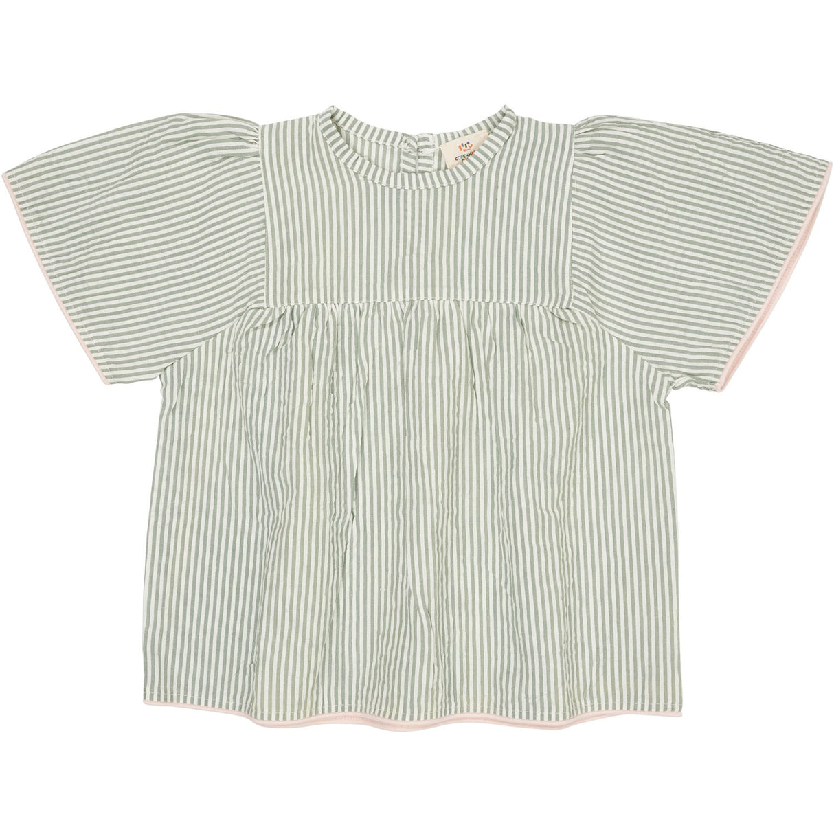 COPENHAGEN COLORS Green W Cream Stripe W. Dusty Rose Seersucker Bluse W. Contrast Edge