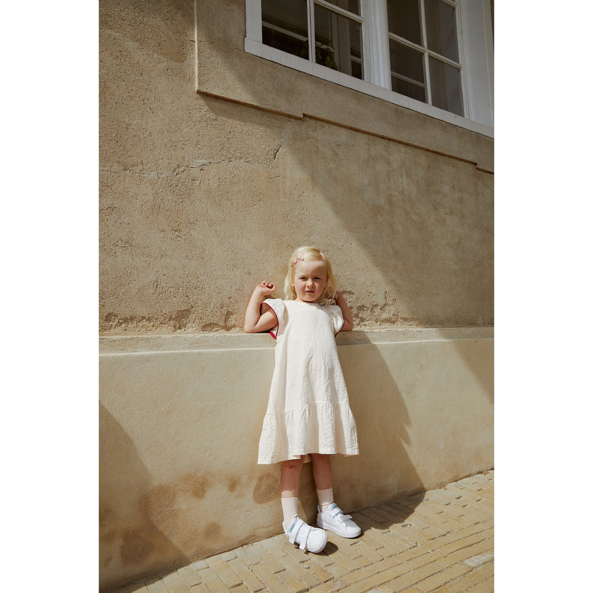 COPENHAGEN COLORS Dusty Rose W Cream Stripe W. Berry Seersucker Kjole W. Flæse Ærmer