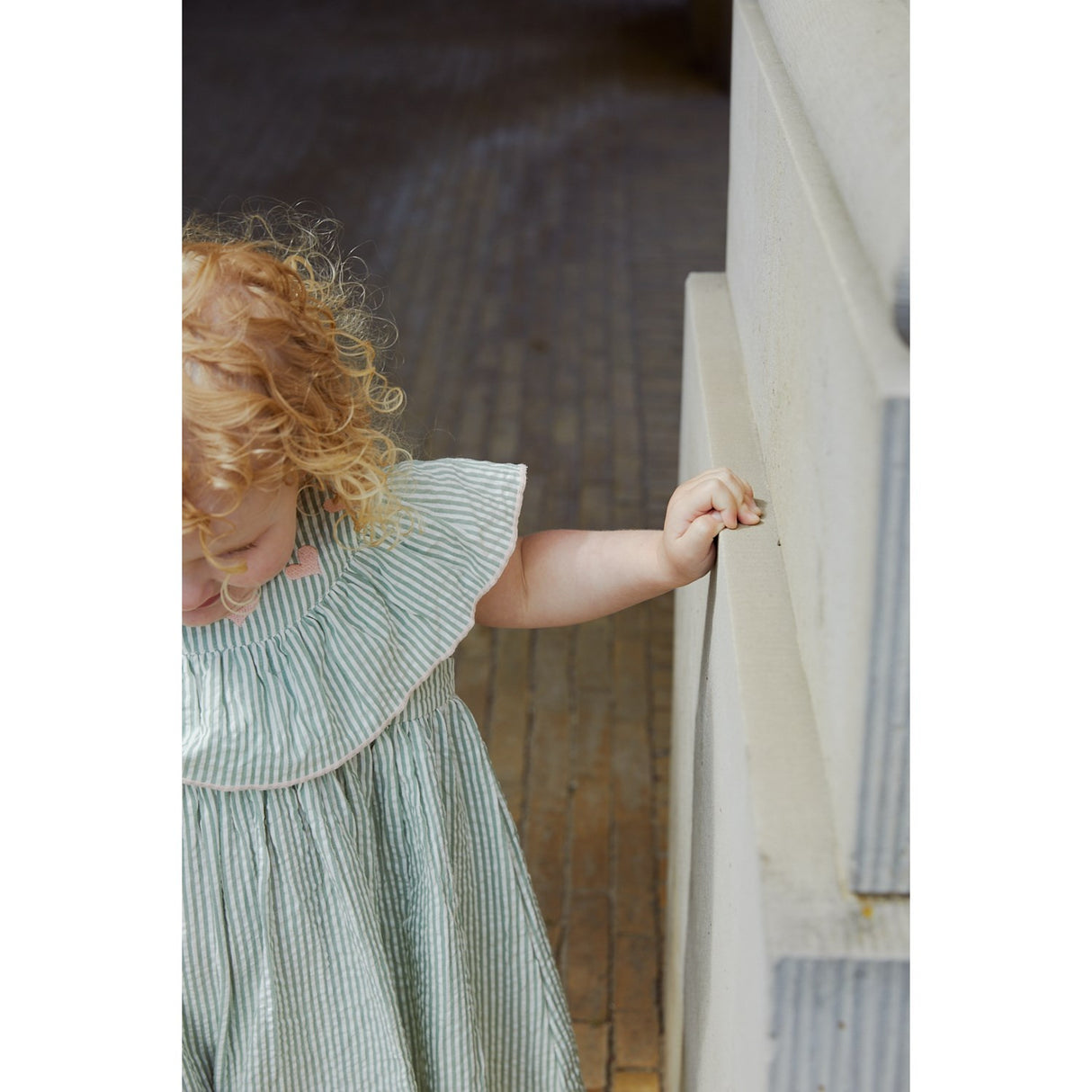 COPENHAGEN COLORS Green W Cream Stripe W. Dusty Rose Seersucker Kjole W. Heart