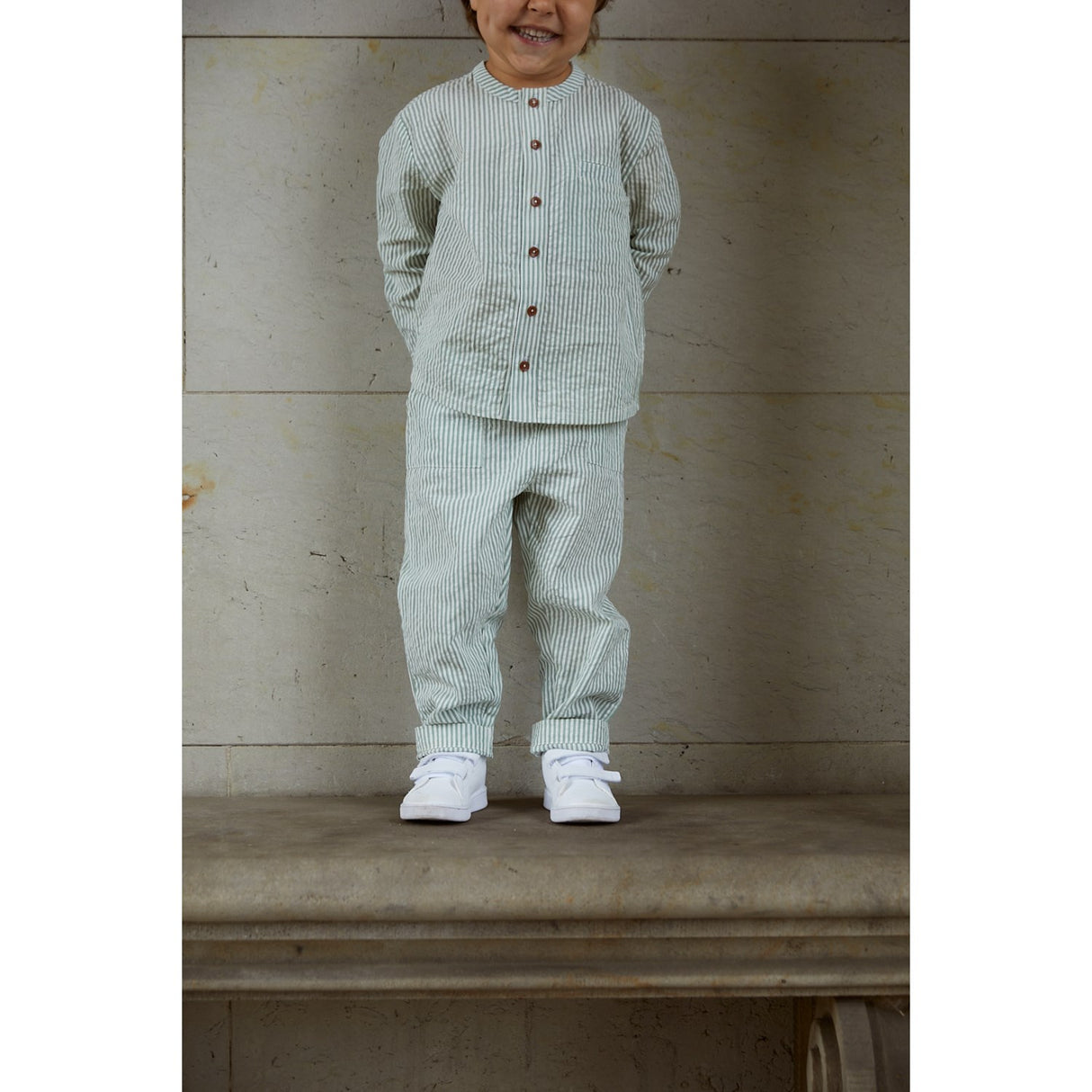 COPENHAGEN COLORS Green W Cream Stripe Seersucker Bukser