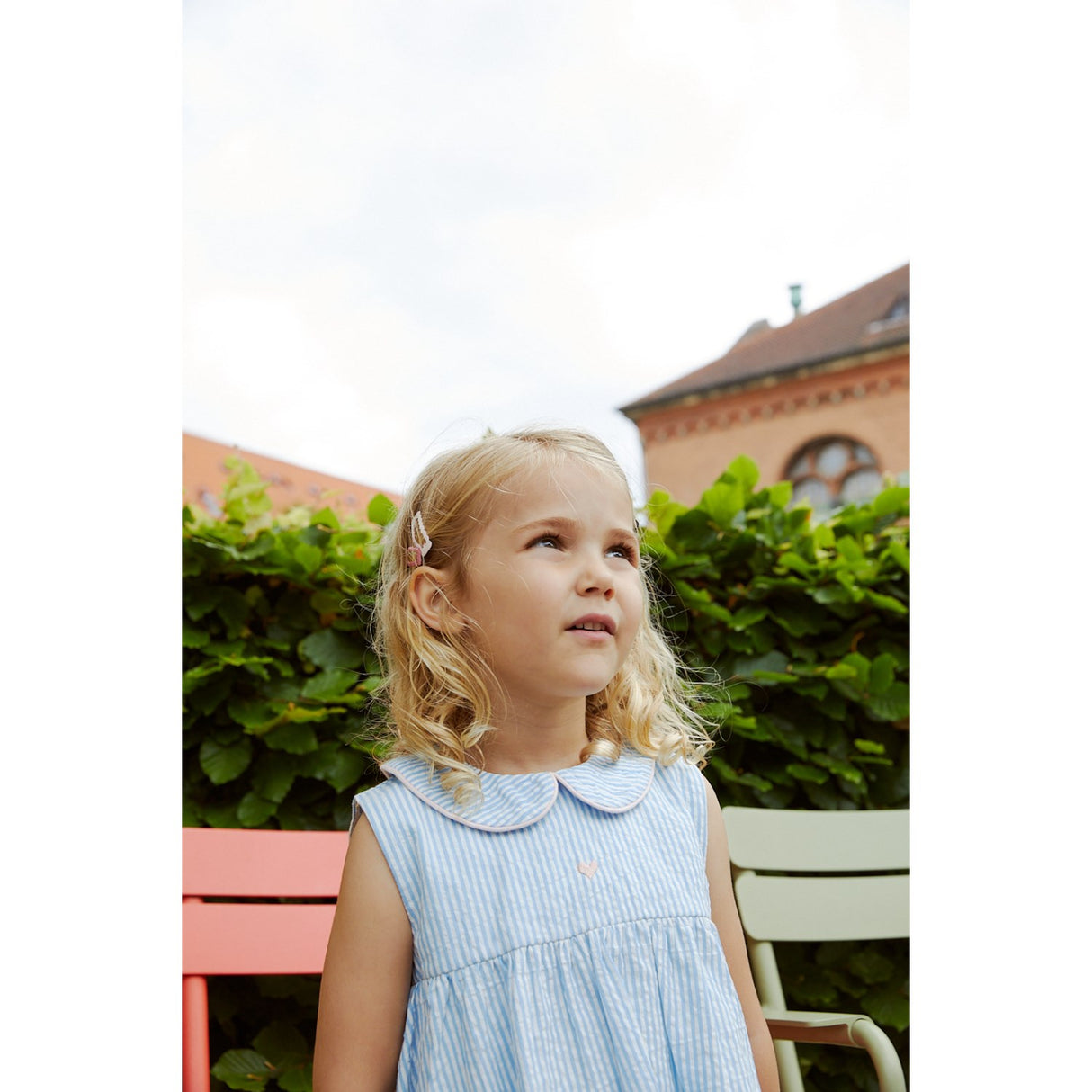 COPENHAGEN COLORS Sky Blue W Cream Stripe W. Soft Pink Seersucker Ss Bluse W. Hearts