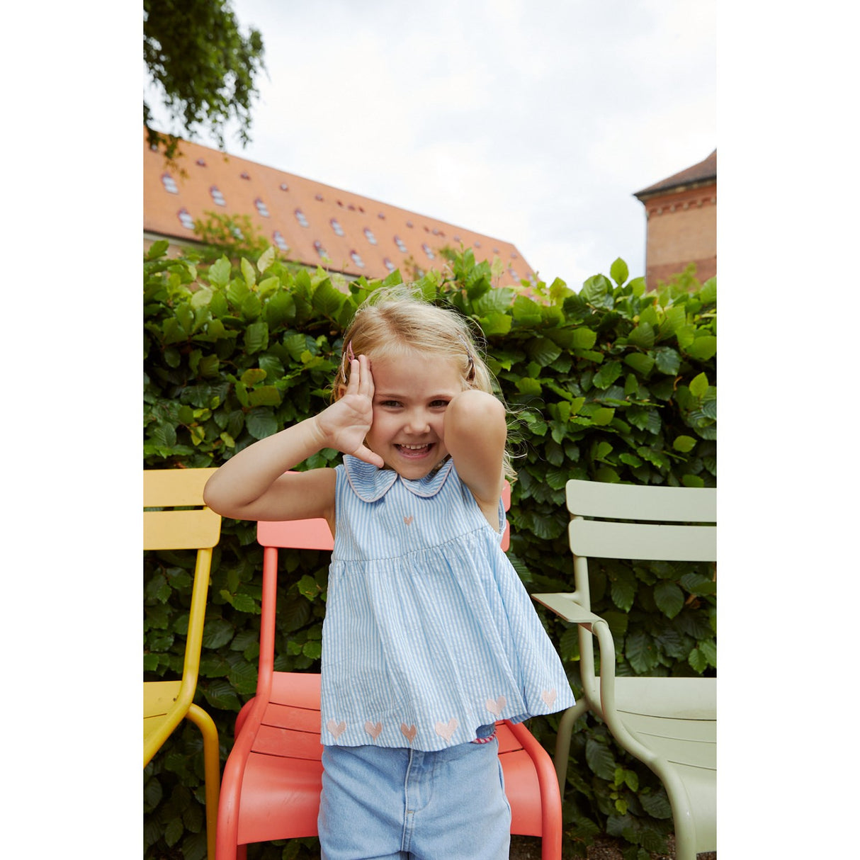 COPENHAGEN COLORS Sky Blue W Cream Stripe W. Soft Pink Seersucker Ss Bluse W. Hearts