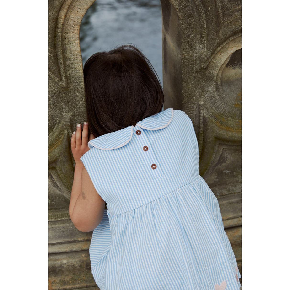 COPENHAGEN COLORS Sky Blue W Cream Stripe W. Soft Pink Seersucker Ss Bluse W. Hearts