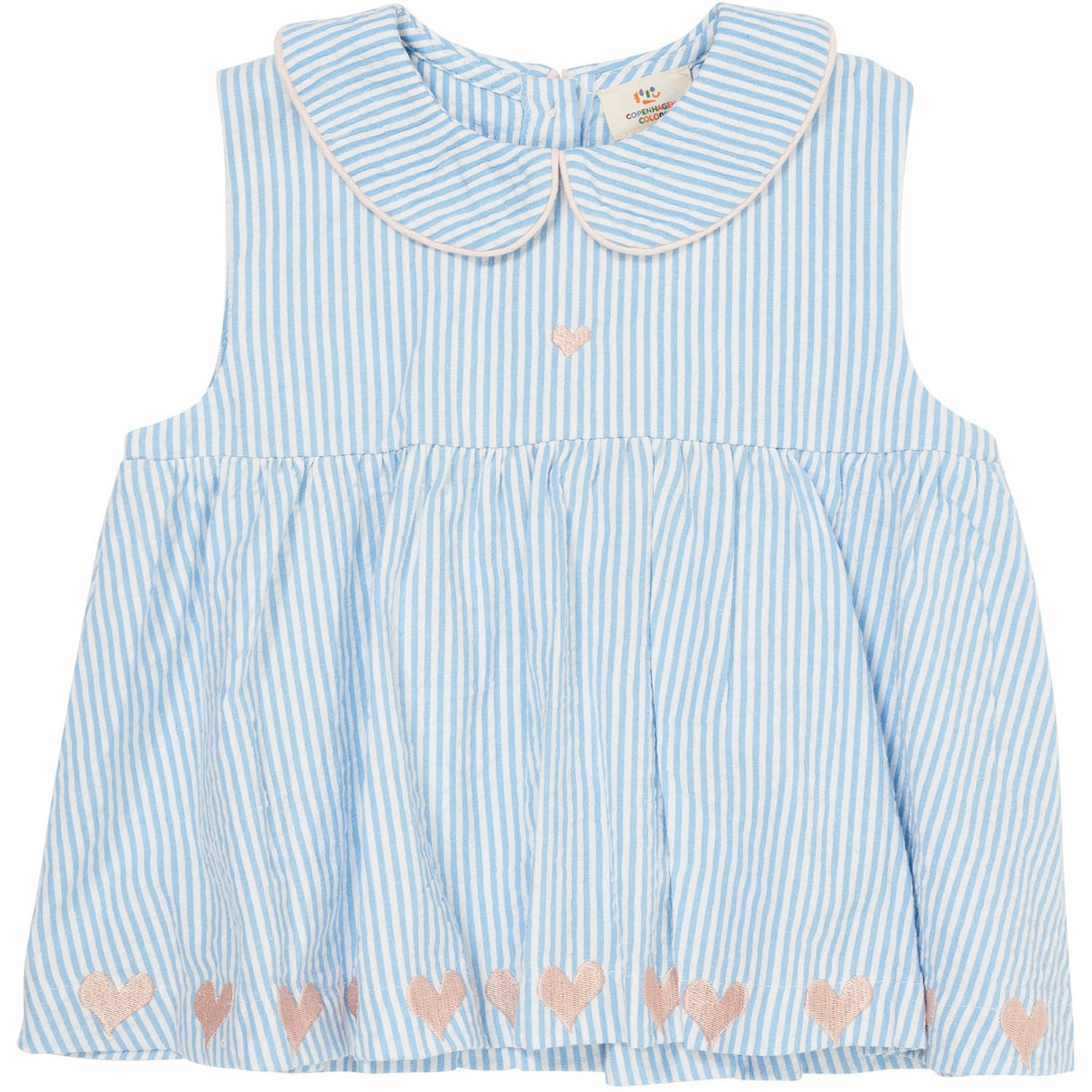 COPENHAGEN COLORS Sky Blue W Cream Stripe W. Soft Pink Seersucker Ss Bluse W. Hearts