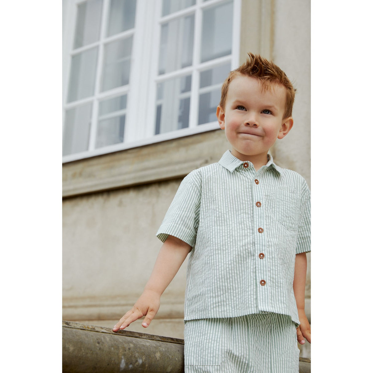 COPENHAGEN COLORS Green W Cream Stripe Seersucker Ss Skjorte