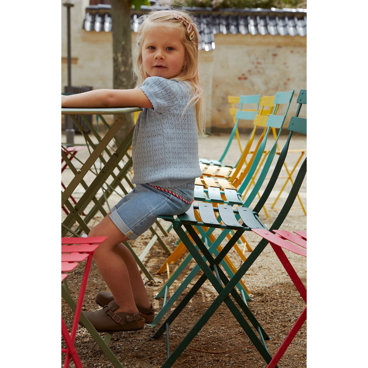 COPENHAGEN COLORS Dusty Blue Strikket Pointelle Bluse