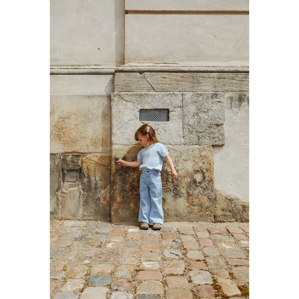 COPENHAGEN COLORS Dusty Blue Strikket Pointelle Bluse