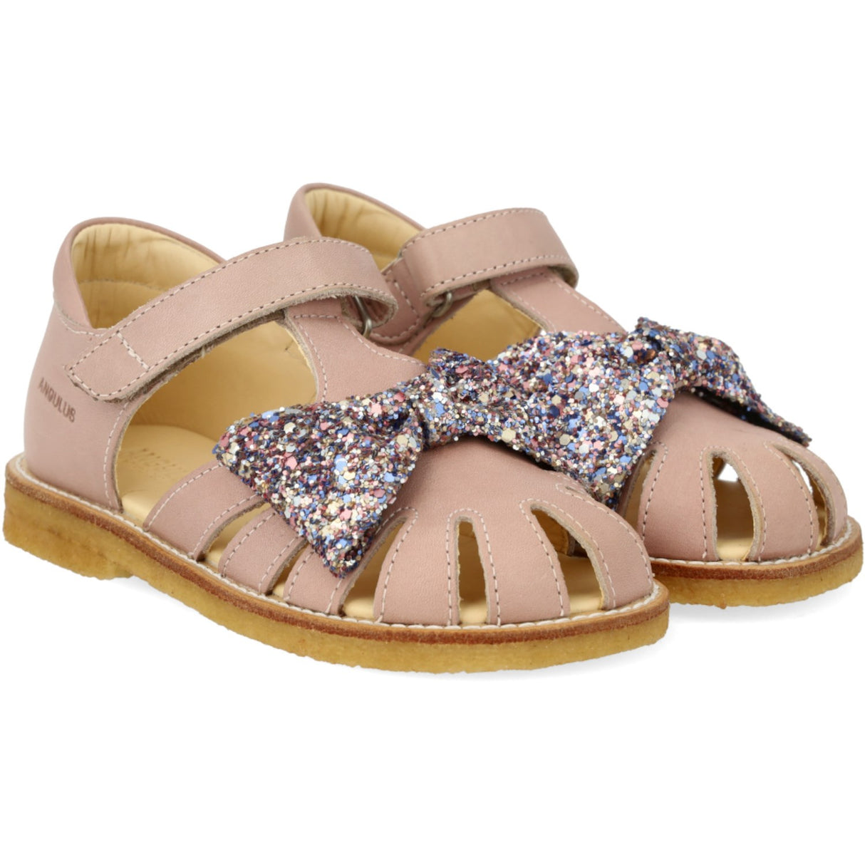 Angulus Rosebud/Pastel Multi Glitter Sandal Med Glittersløjfe Og Velcrolukning