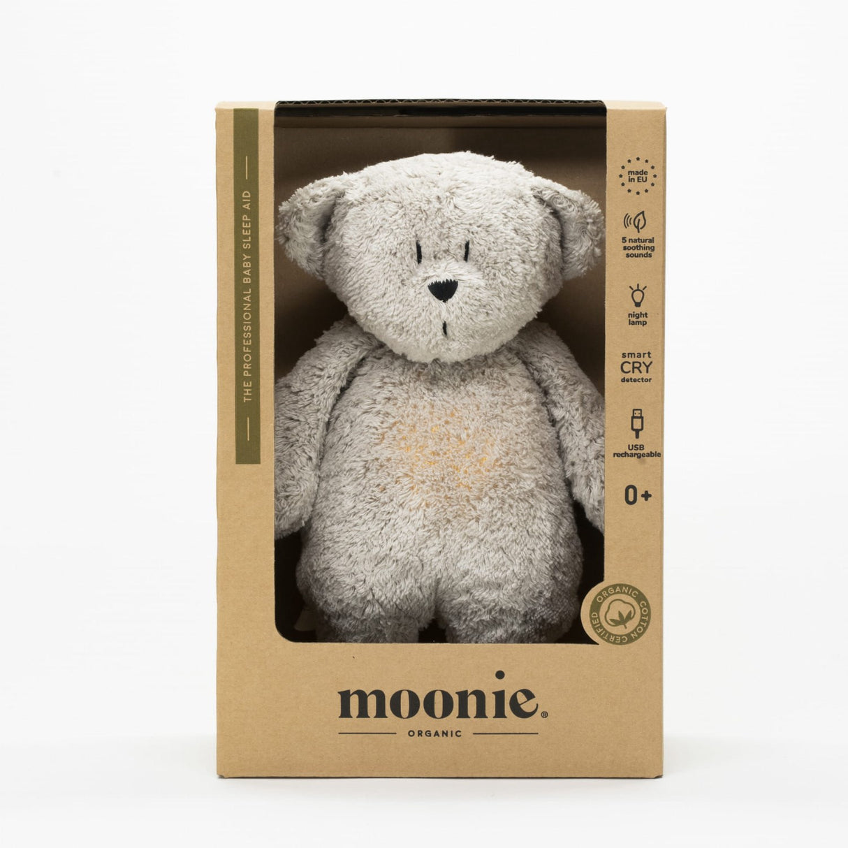 Moonie Gray 2.0 Organic Humming Bjørn Med White Noise og en Lampe