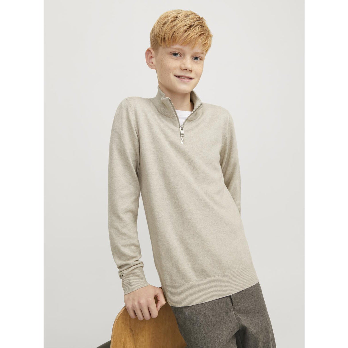 Jack & Jones Junior Oatmeal Melange Jjeemil Strik Half Zip Noos Jnr