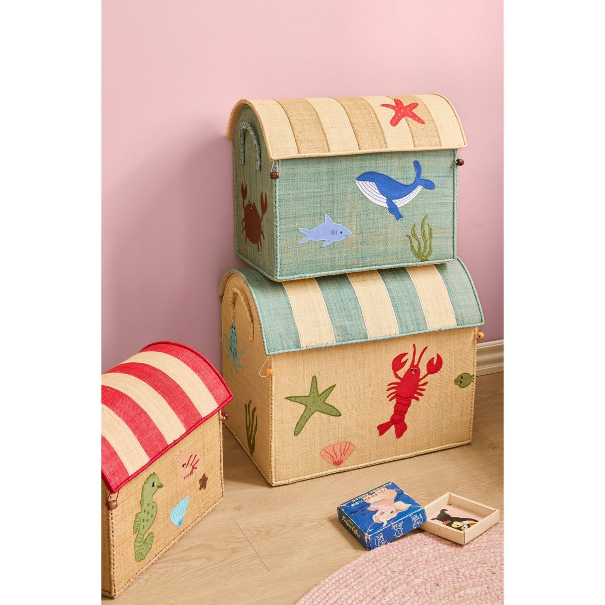 Rice Ocean Theme Raffia Legetøj Kurvehuse Sæt Med 3