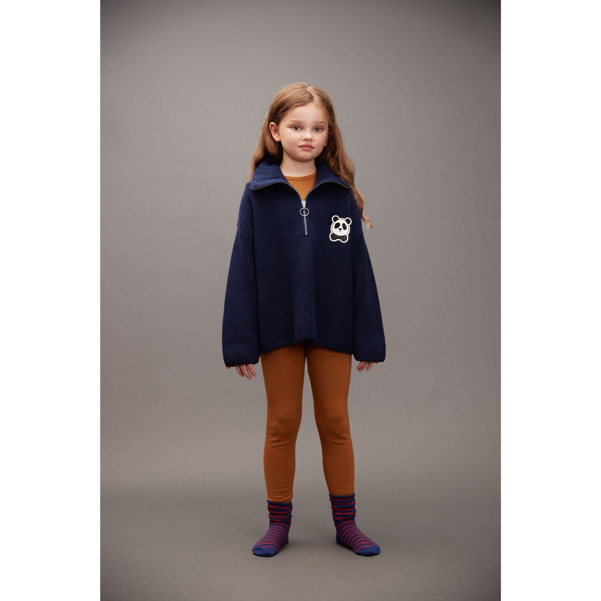 Mini Rodini Blue Panda Patch Chunky Strik Half Zip Sweater