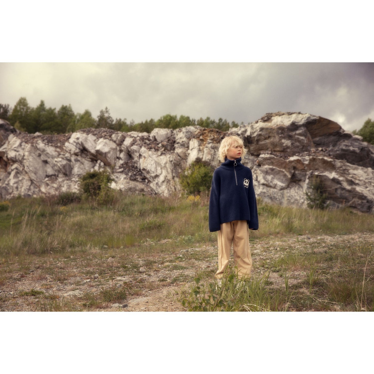 Mini Rodini Blue Panda Patch Chunky Strik Half Zip Sweater