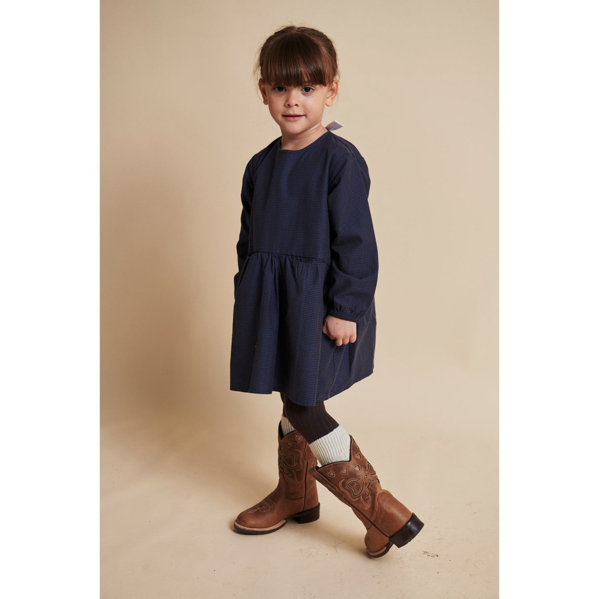 COPENHAGEN COLORS Brown/Blue Check Comb. Checkered Kjole W. Backside Sløjfe