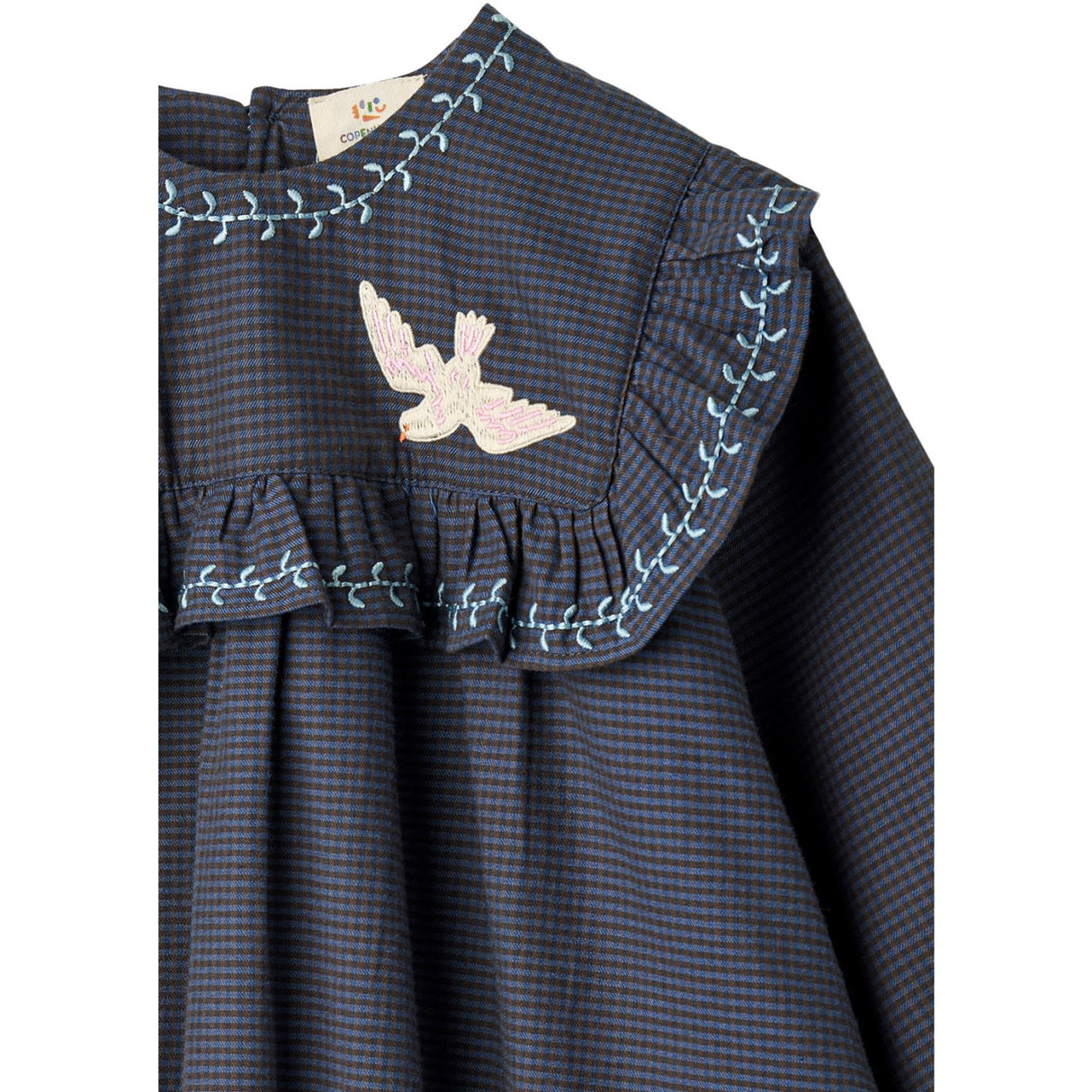 COPENHAGEN COLORS Brown/Blue Check Comb. Checkered Kjole W. Embroidery Og Ruffle