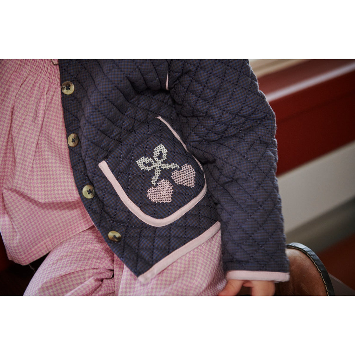 COPENHAGEN COLORS Brown/Blue Check Comb. Checkered Quiltet Jakke W. Embroidery