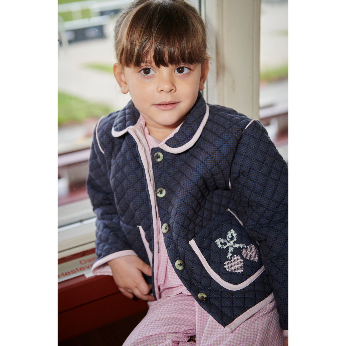 COPENHAGEN COLORS Brown/Blue Check Comb. Checkered Quiltet Jakke W. Embroidery