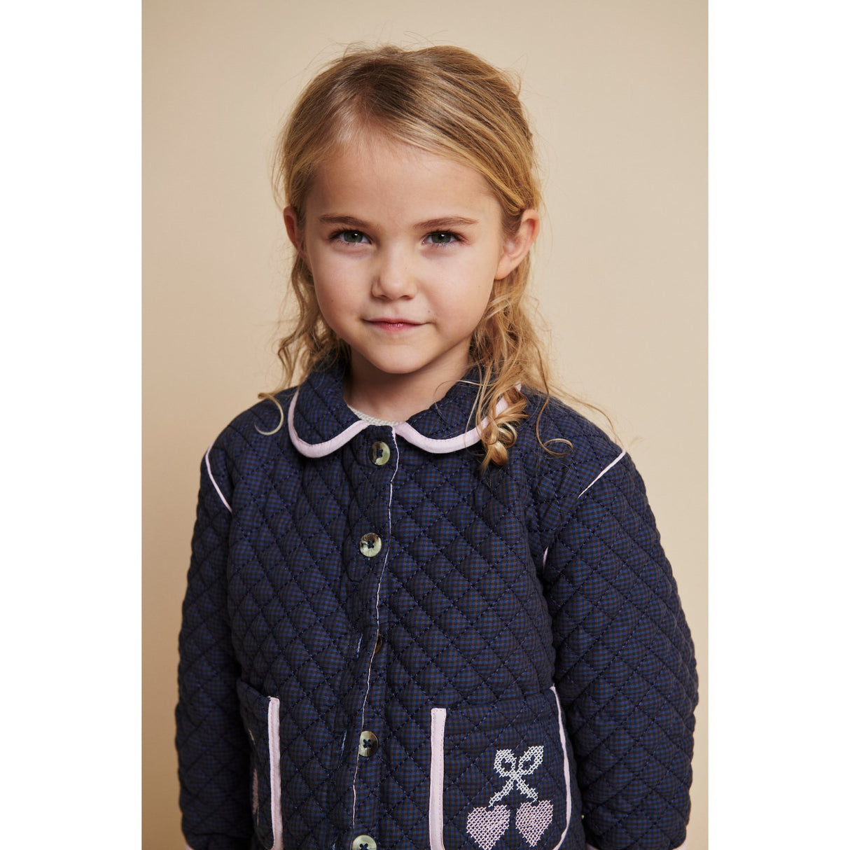 COPENHAGEN COLORS Brown/Blue Check Comb. Checkered Quiltet Jakke W. Embroidery