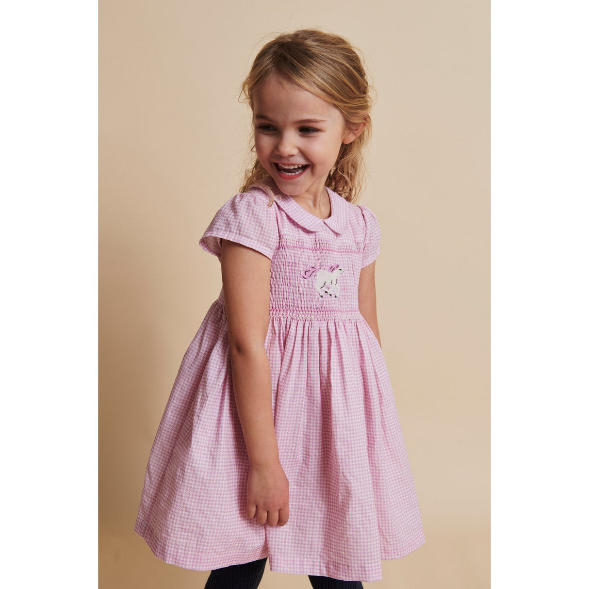 COPENHAGEN COLORS Syringa Comb. Houndstooth Kjole W. Handmade Unicorn Embroidery Og Smock