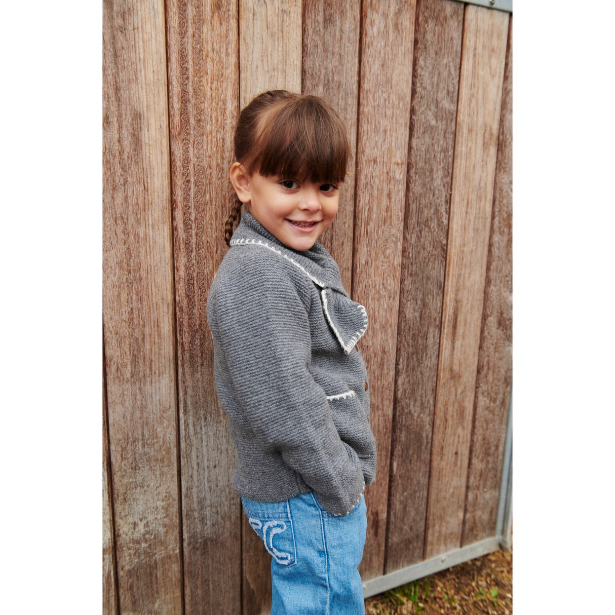 COPENHAGEN COLORS Dk Grey/Cream Comb. Lambswool Cardigan W. Krave