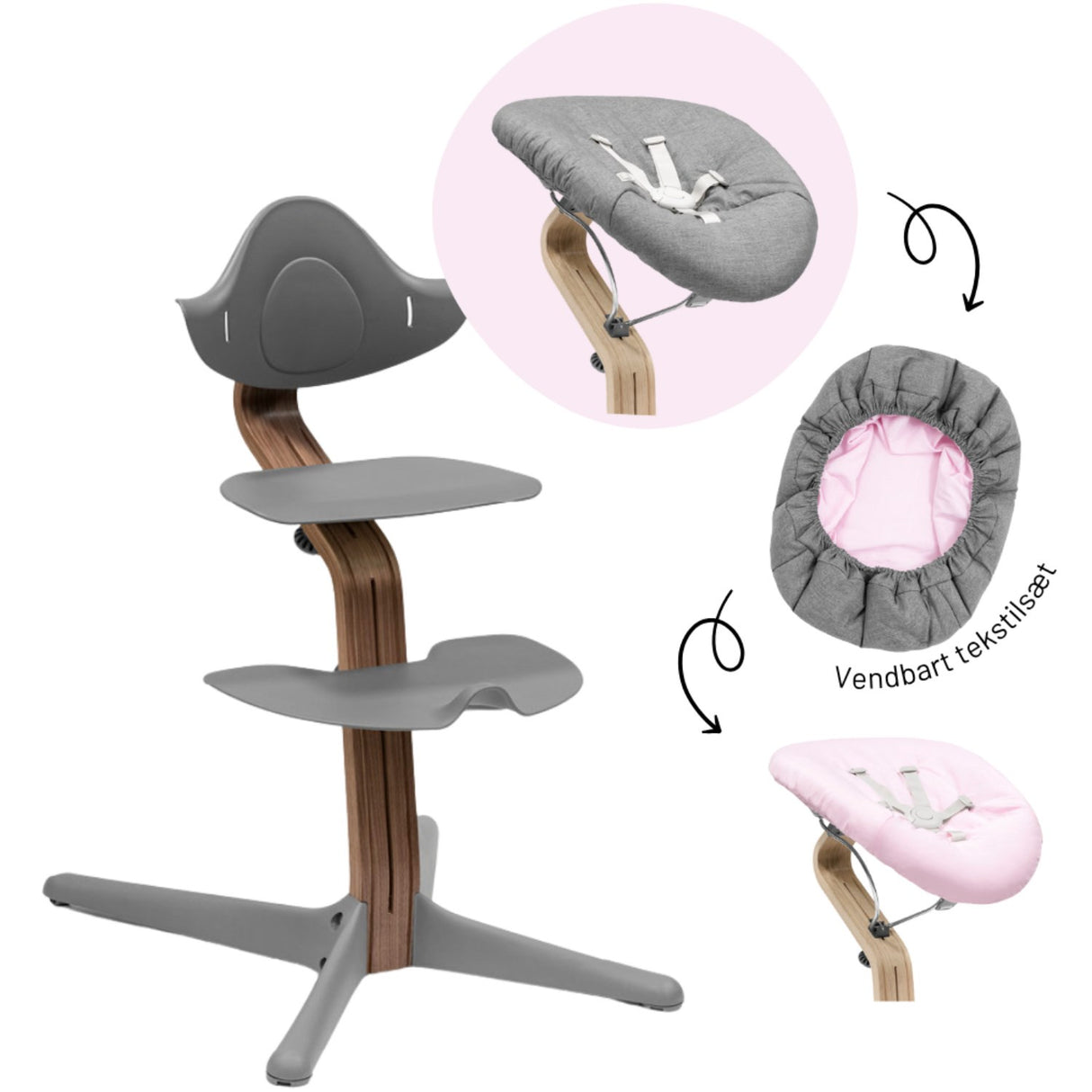 Stokke® Nomi® Walnut Grey Stol + Grey Grey Pink Newborn Sæt Bundle