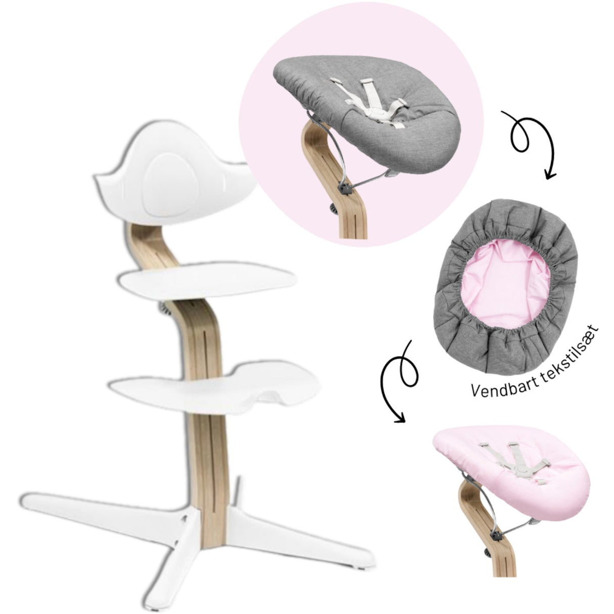 Stokke® Nomi® Natural White Stol + White Grey Pink Newborn Sæt Bundle