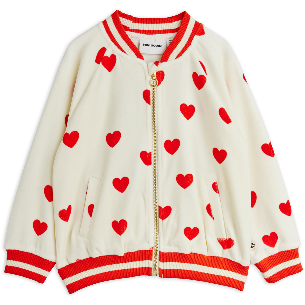 Mini Rodini White Hearts AOP Velour Baseball Cardigan